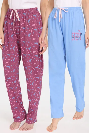 Buy Rosaline Bloom Fest Knit Cotton Pyjama (Pack of 2) - Purple Blue